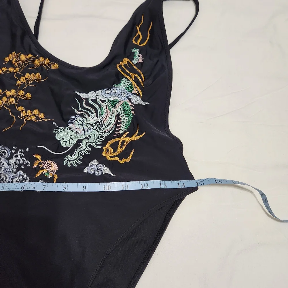 Nasty Gal Black Dragon Embroidered One Piece Swimsuit Asian Inspired M
